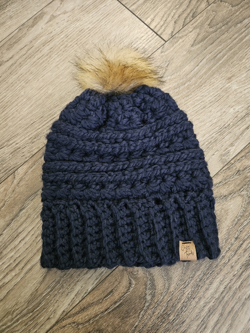 Navy Knit Pom Beanie with Faux Fur Pom